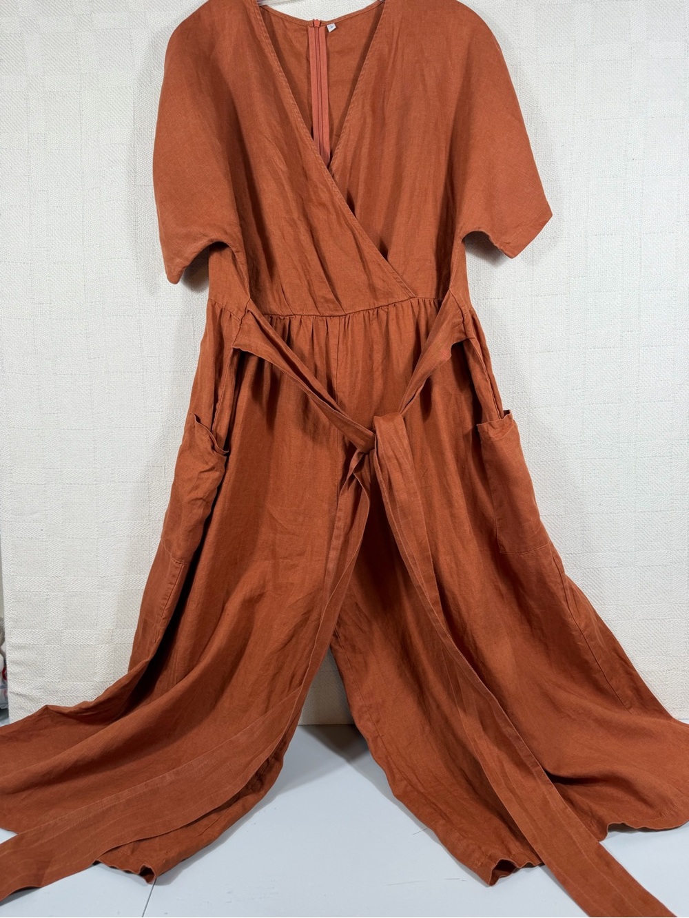 Linen Wide-Leg Women Jumpsuit Large Brown VNeck Short Sleeve Belted Pockets - Picture 2 of 8